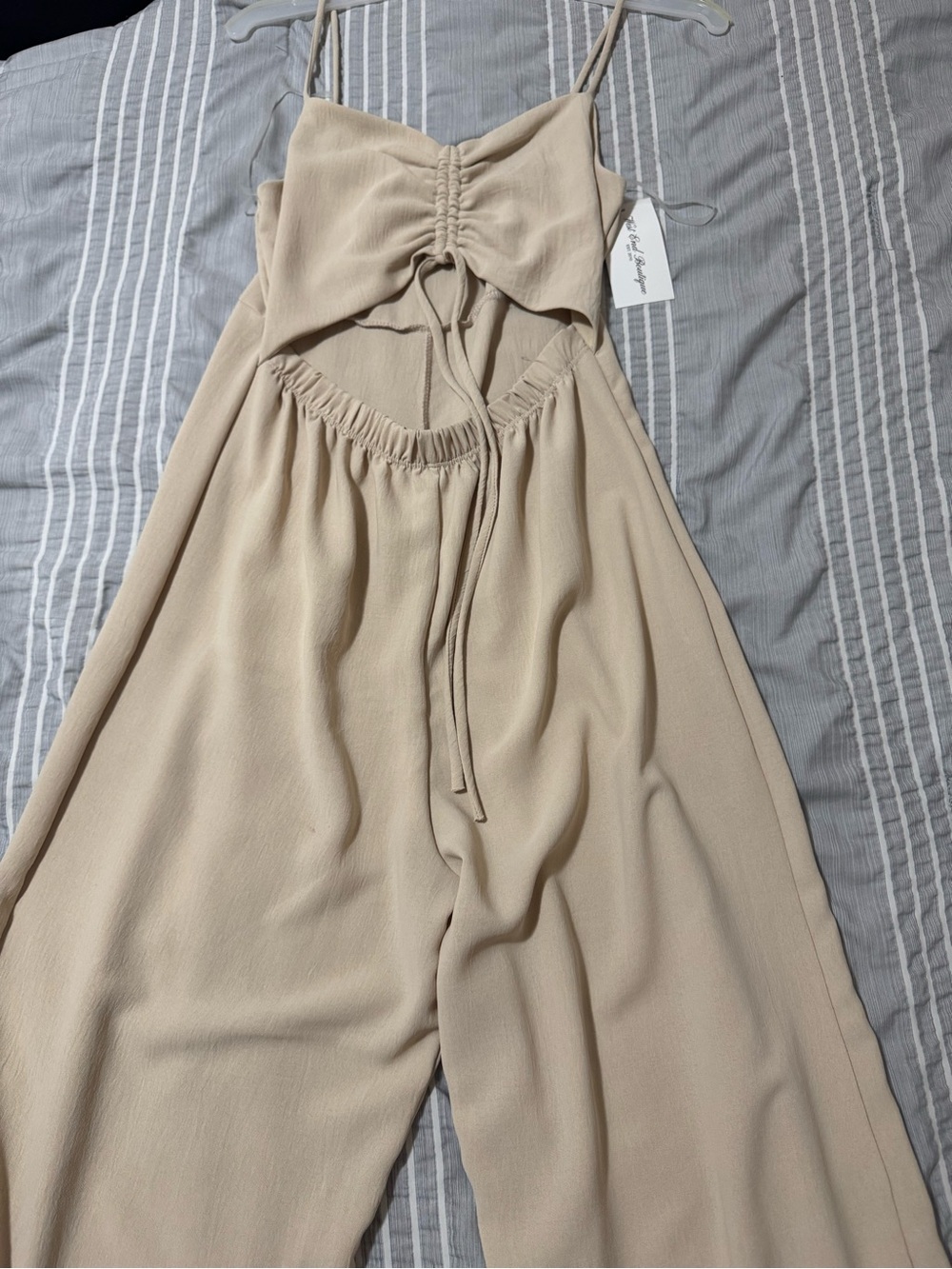 Neutral Beige Cutout Wide-Leg Jumpsuit with Adjustable Tie